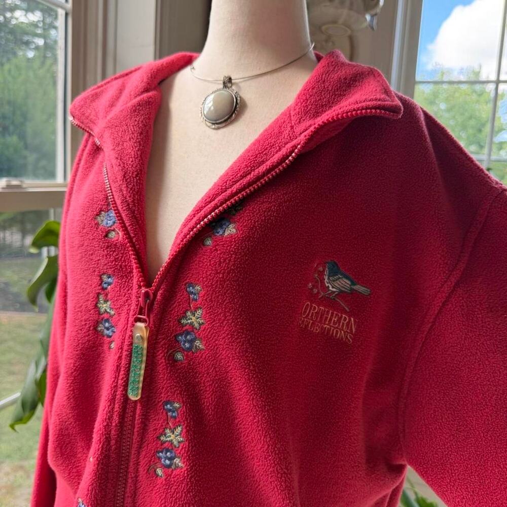 90s Berry Pink Embroidered Bird Fleece Zip Up Jacket Large
